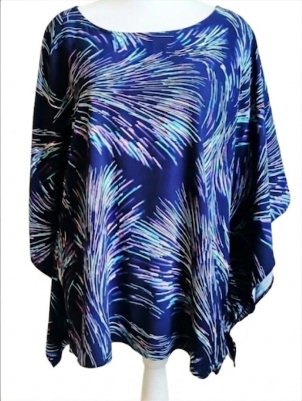 Chicos Fireworks Kaftan -Style Top Blue Palm Burst Size L/XL Cruise Wear